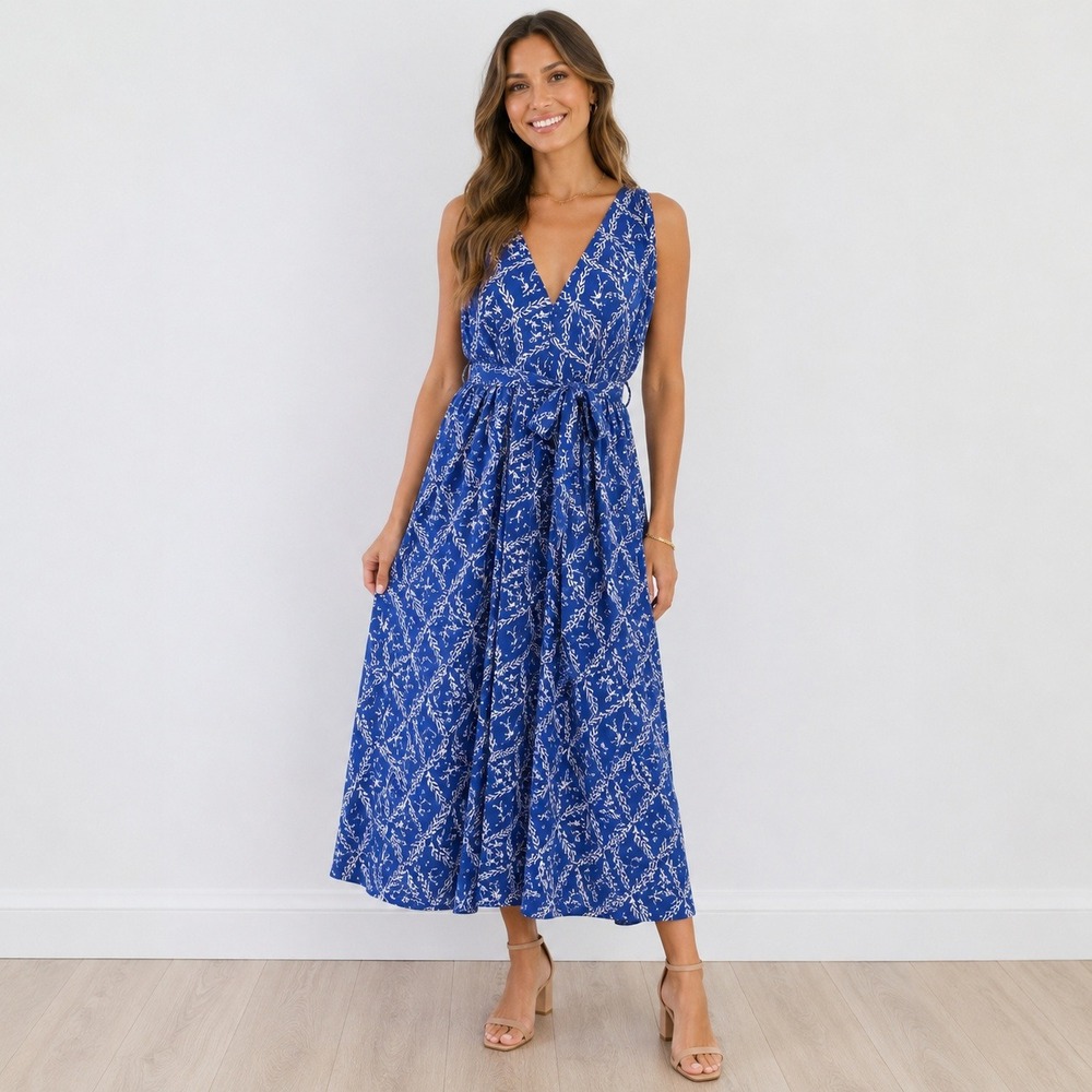 & Other Stories Midi Dress Blue White Floral Cotton Sleeveless V-Neck Size 12